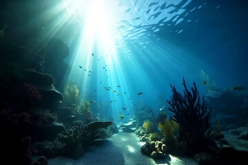 Fototapeta na wymiar Underwater Blue Sea Sunlight Background