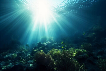 Fototapeta na wymiar Underwater Blue Sea Sunlight Background