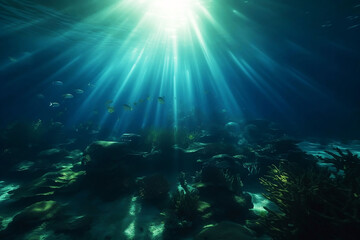 Obraz na płótnie Canvas Underwater Blue Sea Sunlight Background