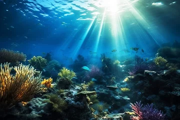 Foto op Aluminium Underwater Blue Sea Sunlight Background © Thares2020