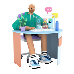 Man sitting at the desk and working at the computer. Analyzing data and remote work concept. Marketing research and communication with team. 3d render illustration. Isolated on background.