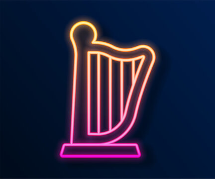 Glowing neon line Harp icon isolated on black background. Classical music instrument, orhestra string acoustic element. Vector