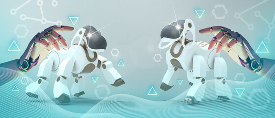 Metaverse robots dog and digital pet technology and the development of protection systems against unsecured internet connections. copy space, banner, software -3d Rendering