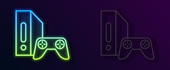 Glowing neon line Video game console with joystick icon isolated on black background. Vector