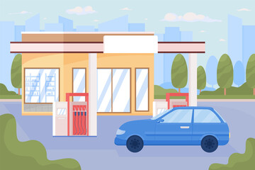 Gas station and car in city flat color raster illustration. Gasoline and diesel to refuel. 2D simple cartoon cityscape with buildings on background. Bebas Neue font used