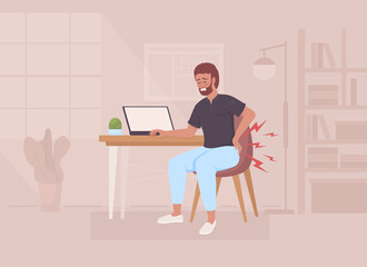 Fototapeta na wymiar Back pain due to prolonged sitting flat color raster illustration. Bearded man with pinched nerves in lower back. 2D simple cartoon character with cozy office interior on background