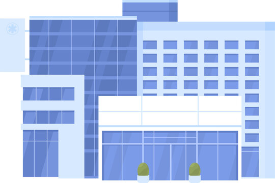 Hospital building semi flat color raster object. Full sized item on white. Medicine simple cartoon style illustration for web graphic design and animation. Akrobat font used