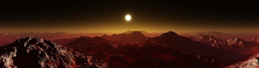 Panorama of Mars at sunset, sunrise above the surface of Mars, Martian landscape, 3d rendering