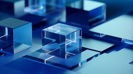 Obraz premium multiple blue square cubes on a blue background, in the style of refractive surfaces. generative AI