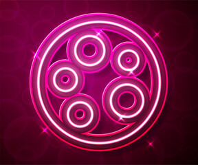 Glowing neon line Moon icon isolated on red background. Vector
