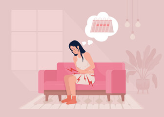 Lower abdominal pain during menstrual cycle flat color raster illustration. Young woman with painful periods. 2D simple cartoon character with cozy living room interior on background - obrazy, fototapety, plakaty