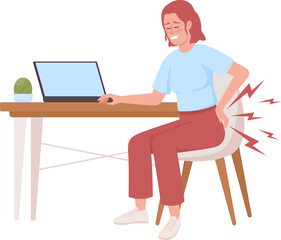 Fototapeta na wymiar Woman suffering from backache after sitting all day semi flat color raster character. Full body person on white. Simple cartoon style illustration for web graphic design and animation