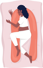 Obraz na płótnie Canvas Pregnant woman resting with U shaped pillow 2D raster isolated illustration. Expectant mother flat character on cartoon background. Colourful scene for mobile, website, presentation