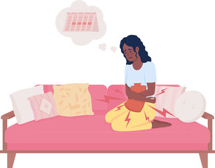 Sick woman relieving period cramps with heating pad semi flat color raster character. Full body person on white. Simple cartoon style illustration for web graphic design and animation