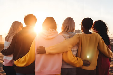 group of people from different races, dressed in vibrant clothes, hugging each other from behind on a sunny day, symbolizing the concept of support, help, and youth community ai generated art - obrazy, fototapety, plakaty