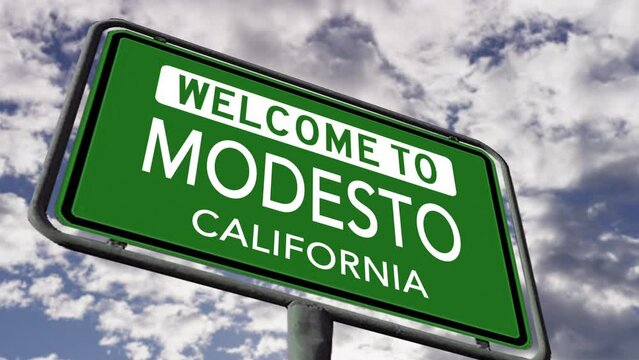 Welcome to Modesto, California. US City Road Sign Close Up Realistic 3D Animation