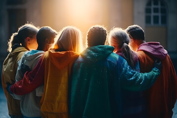 diverse group of individuals wearing colorful clothing are captured from the back, as they embrace each other tightly in a joyful display of support, help, and youth community concept ai generated art