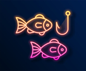 Glowing neon line Fishing hook under water with fish icon isolated on black background. Fishing tackle. Vector