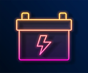 Glowing neon line Car battery icon isolated on black background. Accumulator battery energy power and electricity accumulator battery. Vector