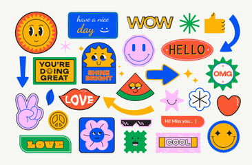 Cool abstract stickers. Doodle cartoon badge and phrase, funny printing patch stamp comic character. Vector isolated set