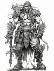 Fototapeta na wymiar Fantasy character with Asian influences, demon warrior, black white illustration, outline for coloring book page, AI generative coloring card