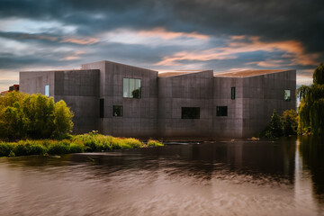 sunset over the Hepworth Gallery and the River Calder in Wakefield Yorkshire