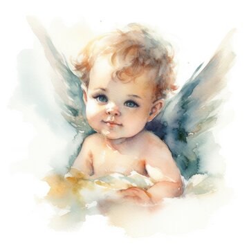 Cherubic Watercolor Angel on White Background - Watercolor Painting - Generative AI