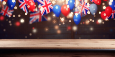 Empty wooden product display table with UK union jack party flag decorations . Generative ai