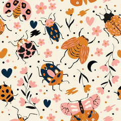 Seamless pattern with cute bugs, beetles, moth and insects, with floral elements, hearts and dots. Colorful hand drawn vector illustration