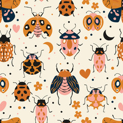 Fototapeta premium Seamless pattern with cute bugs, beetles, moth and insects, with floral elements, hearts and dots. Colorful hand drawn vector illustration