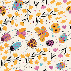 Fototapeta na wymiar Seamless pattern with cute bugs, beetles, moth and insects, with floral elements, hearts and dots. Colorful hand drawn vector illustration