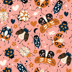 Seamless pattern with cute bugs, beetles, moth and insects, with floral elements, hearts and dots. Colorful hand drawn vector illustration - 593964579