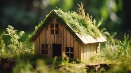 wooden model house with moss. eco friendly