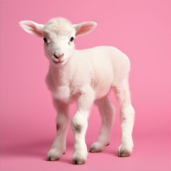 Fototapeta premium baby lamb isolated on plain pink studio background, made with generative ai 