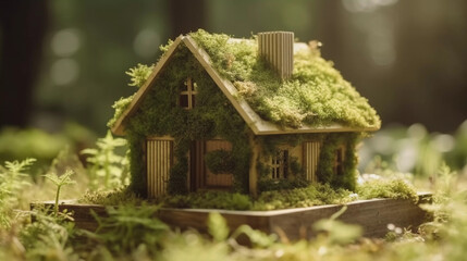 Fototapeta na wymiar wooden model house with moss. eco friendly