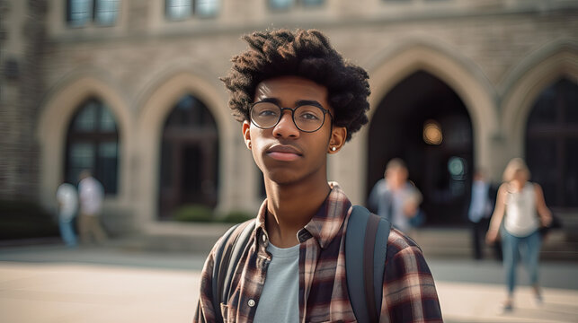 A fictional person. Confident male college student on vibrant university campus