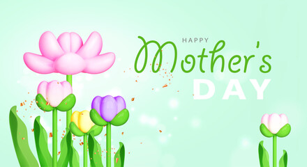 Mother day greeting card. 3d cartoon flowers tulip on spring background. International women day template. Vector holiday illustration