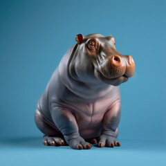 hippo sitting isolated on plain blue studio background, made with generative ai	
