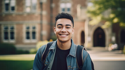 A fictional person. Confident male college student on vibrant university campus