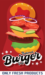 Isolated cartoonish hamburger Colored burger day template Vector