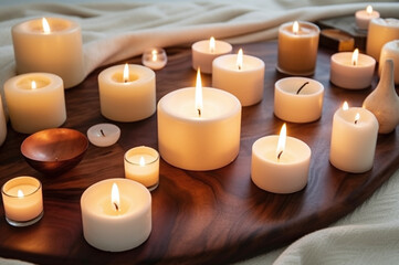 Wooden table with handmade candles