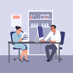 Woman and man Scientists looking at monitor and through a microscope in the lab. Vector cartoon flat style illustration