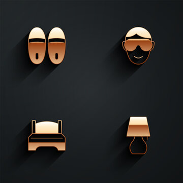 Set Slippers, Eye sleep mask, Big bed and Table lamp icon with long shadow. Vector