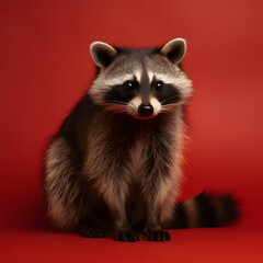 raccoon sitting isolated on plain red studio background, made with generative ai	