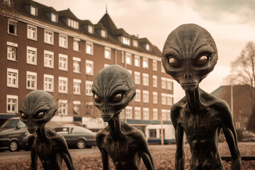 Generative AI illustration of extraterrestrial aliens with wide eyes standing against residential building and looking away in city