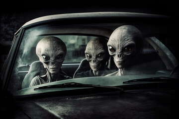 Generative AI illustration of extraterrestrial aliens in car looking through windshield while driving at night
