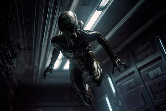 Generative AI illustration of spooky extraterrestrial ancient alien flying in air against illuminated tunnel at night