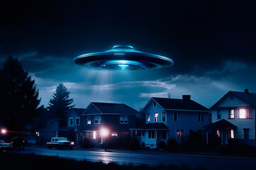 Generative AI illustration of big flying saucer UFO with warm white lights hovering over houses in town against dark sky at night