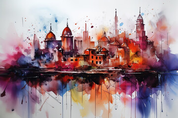 Big city skyline colourful watercolour painting. Generative AI