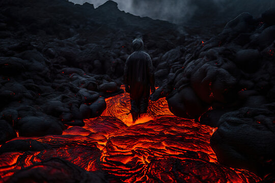 Generative AI illustration of back view of unrecognizable extraterrestrial alien walking on lava flowing through rocky formations